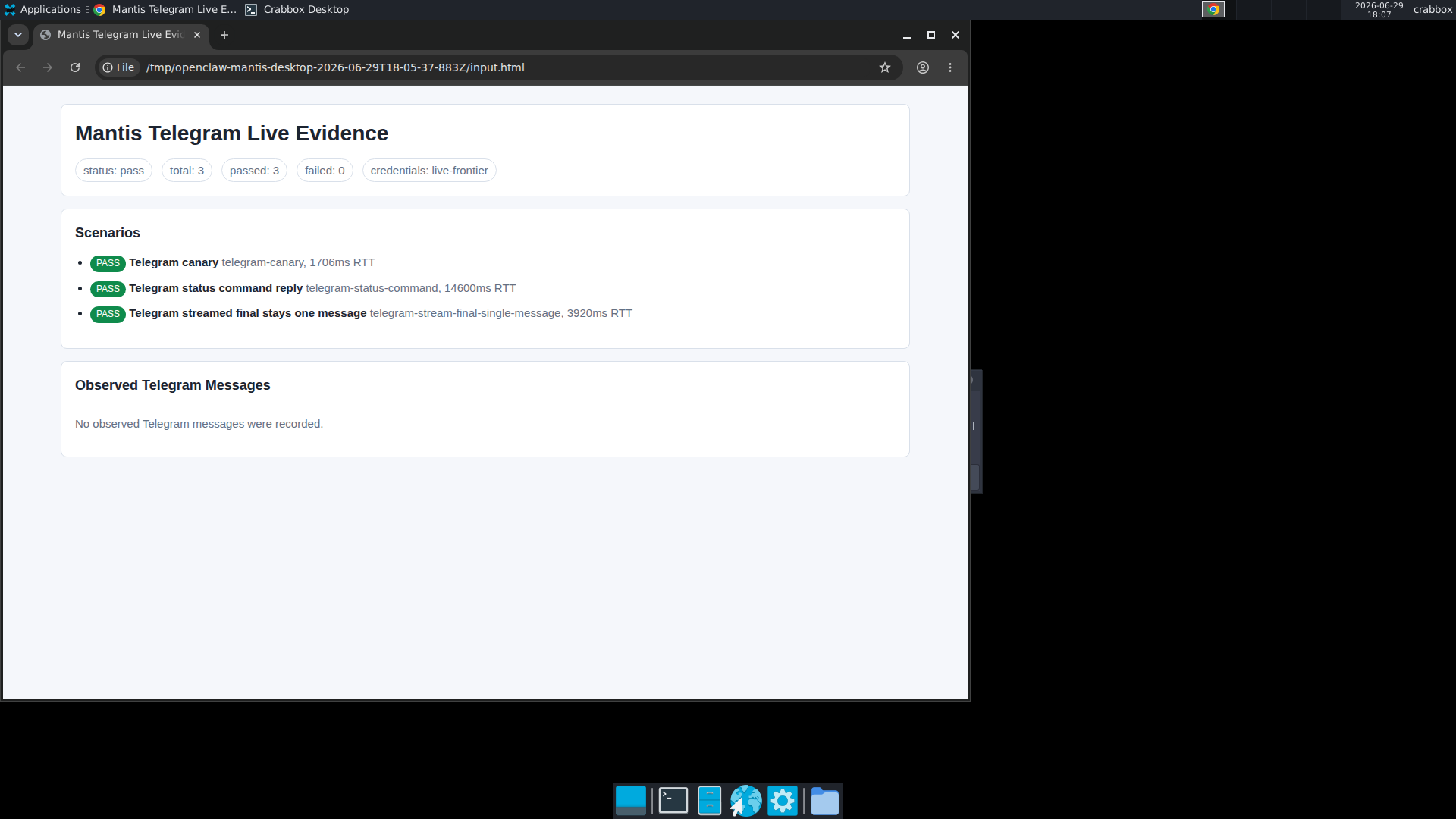 Rendered Telegram live transcript in a Crabbox desktop browser